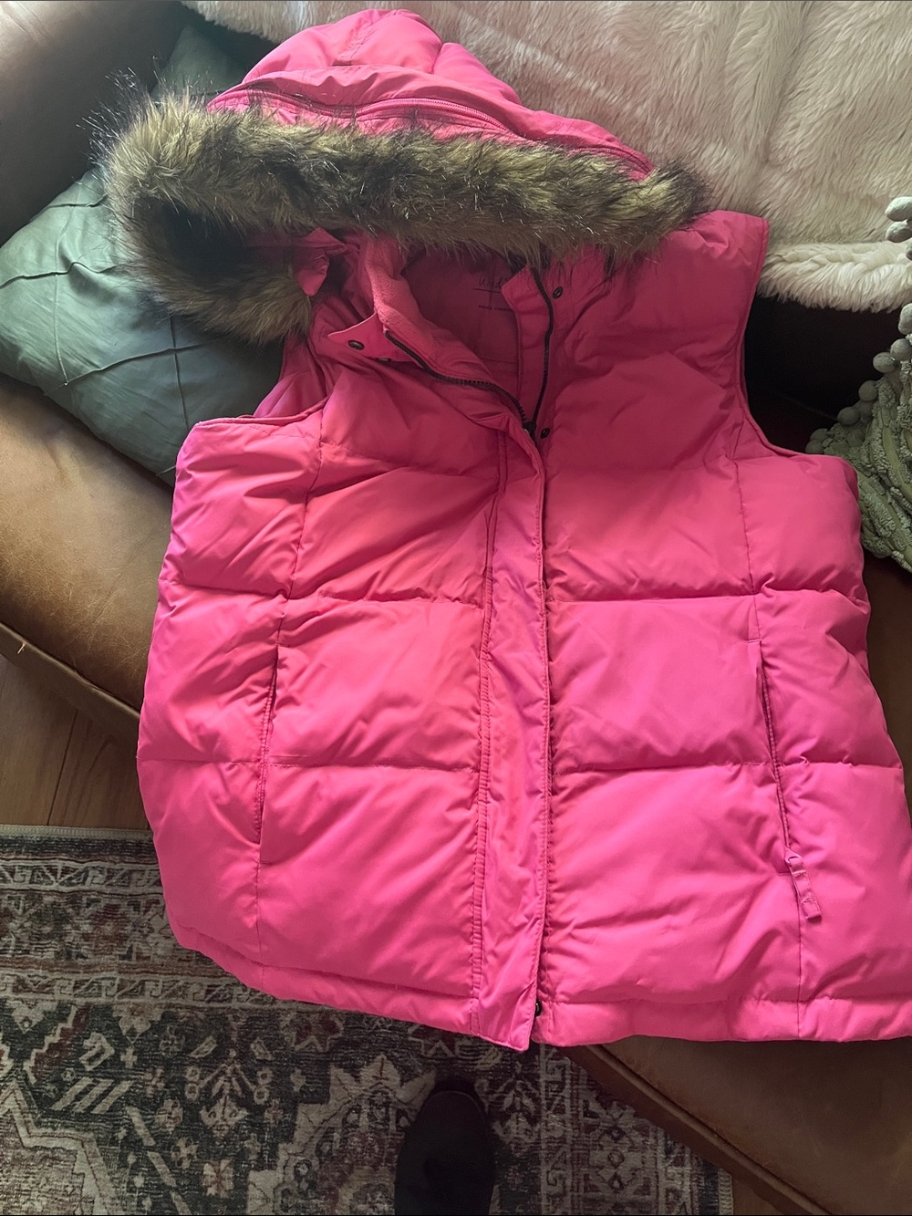 Girls' Hot Pink Puffer Vest with Faux Fur Hood